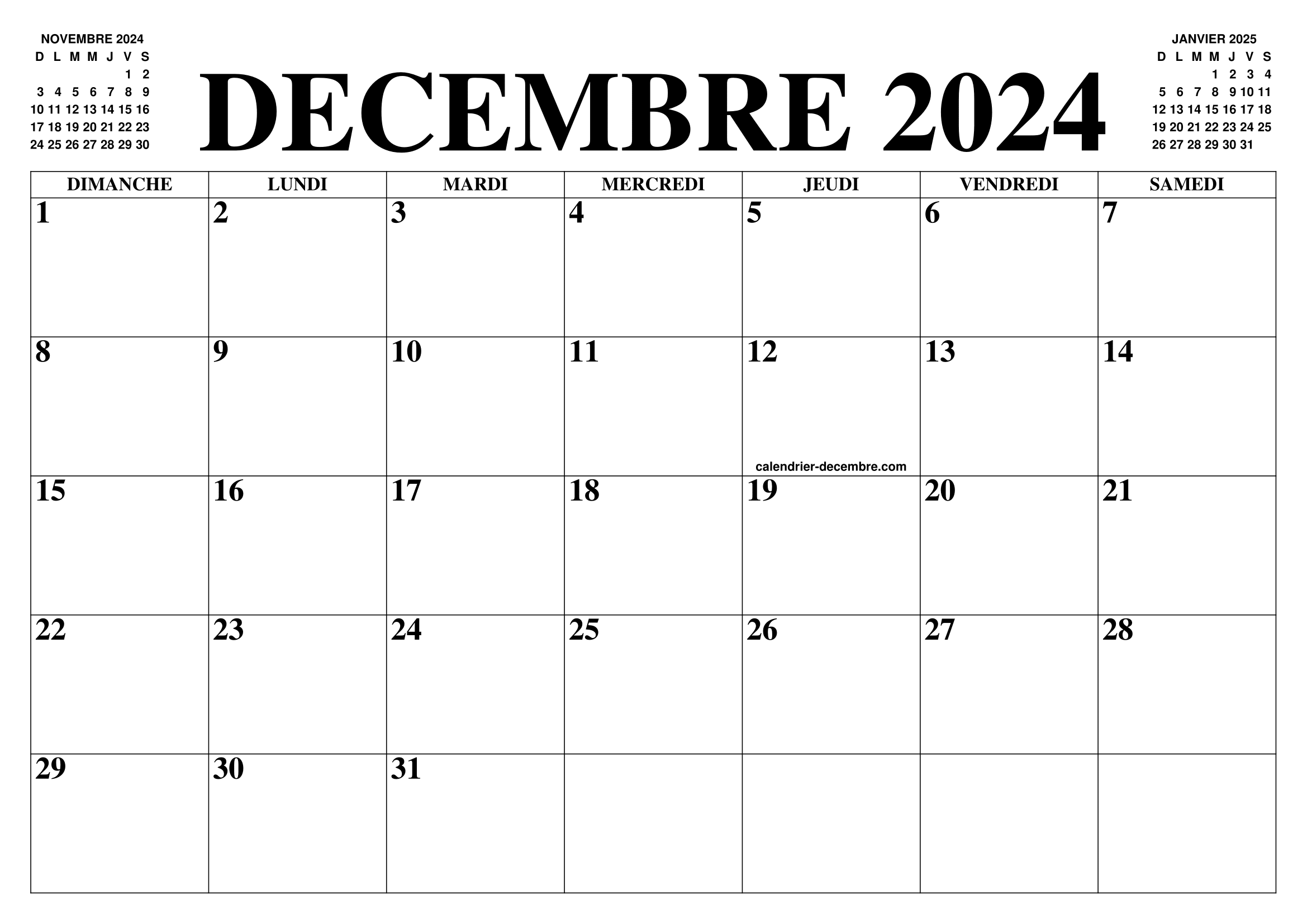 CALENDRIER DECEMBRE 2024 : LE CALENDRIER DU MOIS DE DECEMBRE 2024 GRATUIT A  IMPRIMER - AGENDA