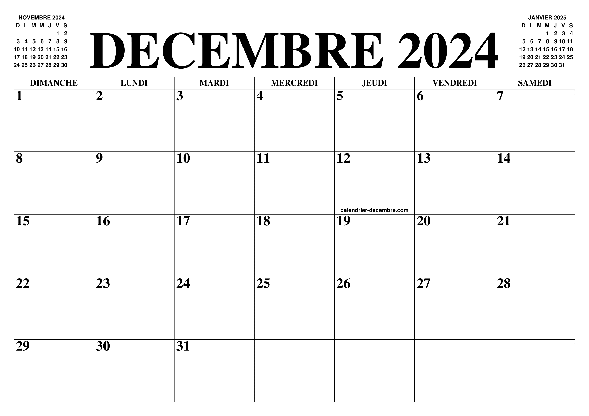 Calendrier décembre 2023, janvier 2024 –